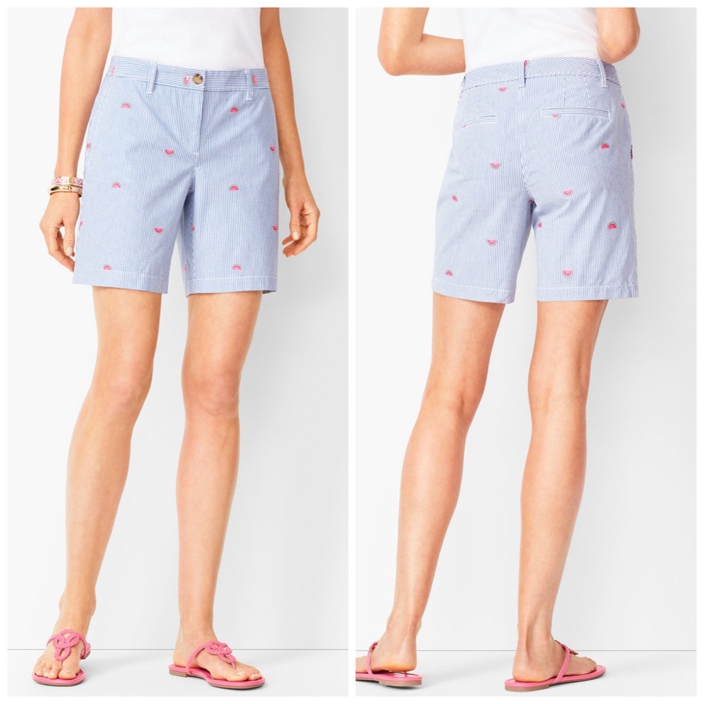 Talbots Girlfriend Chino Shorts Embroidered Watermelon Blue White Size 12